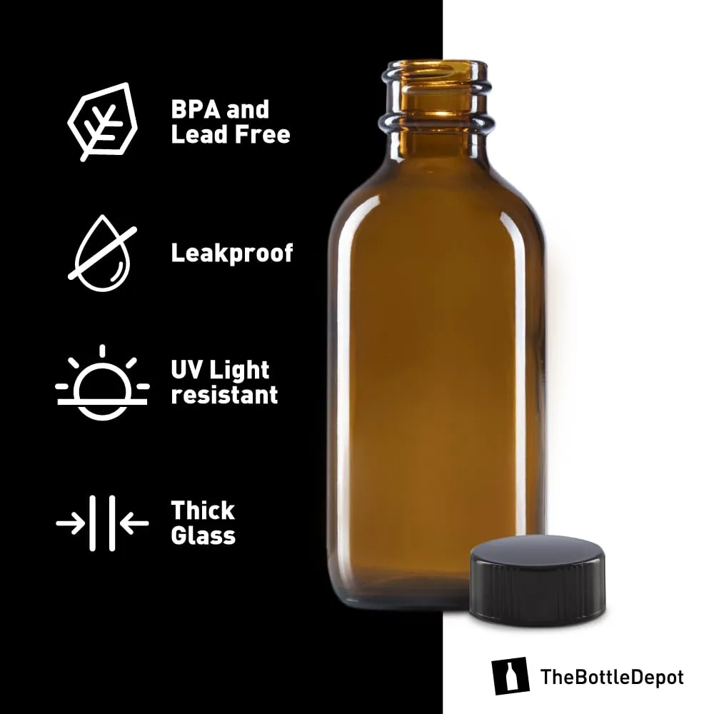 The Bottle Depot - 24 Pack - 2 oz Glass Bottle With Cap - Clear Amber - 20-400 Neck Finish - Boston Round Bottles - UV Rays Protection