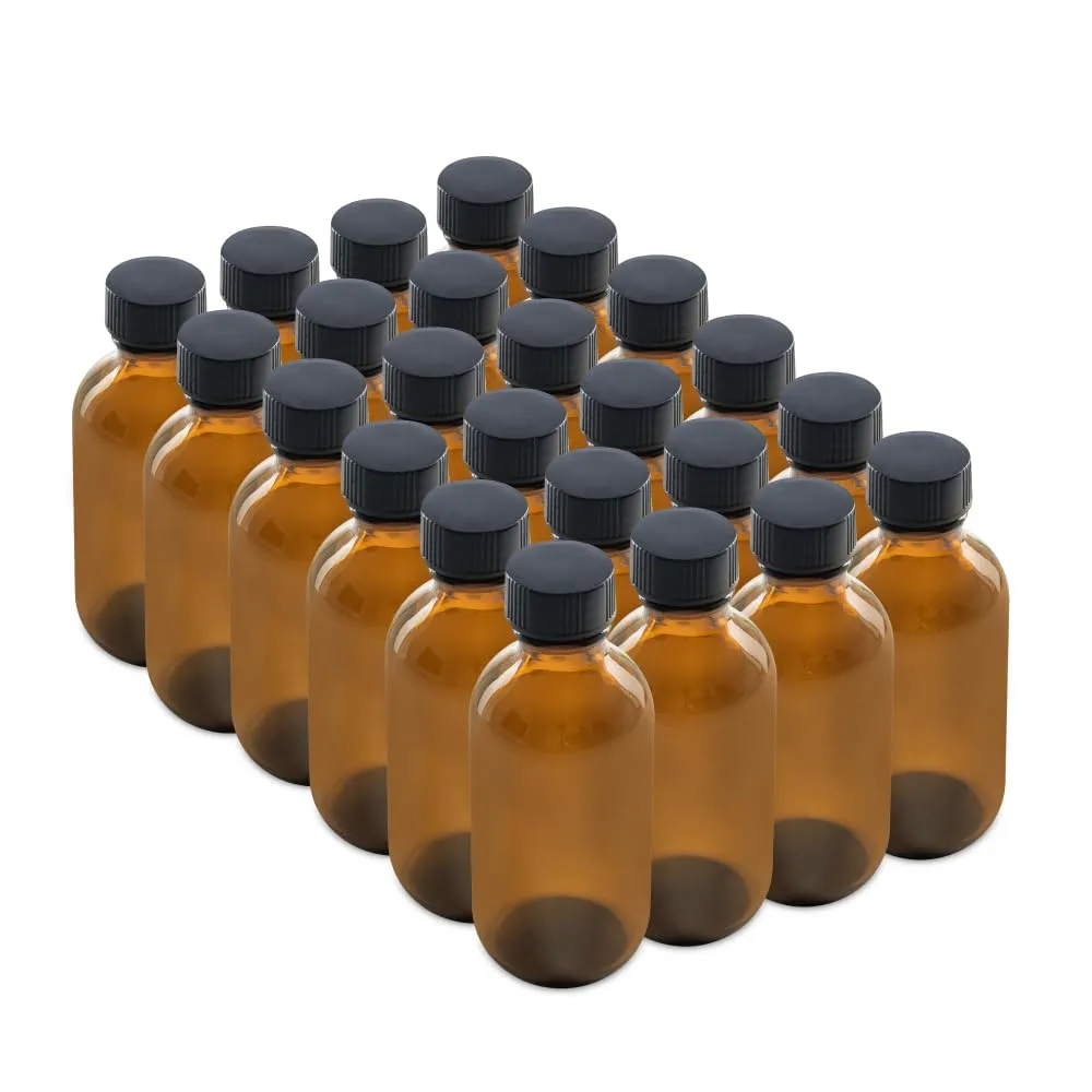 The Bottle Depot - 24 Pack - 2 oz Glass Bottle With Cap - Clear Amber - 20-400 Neck Finish - Boston Round Bottles - UV Rays Protection