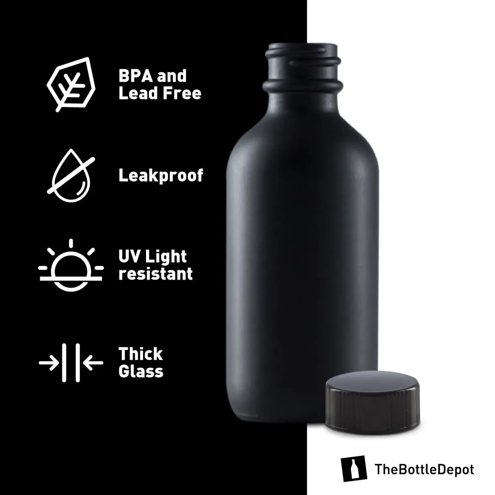 The Bottle Depot - 72 Pack - 2 oz Glass Bottle With Cap - Black Frosted - 20-400 Neck Finish - Boston Round Bottles - UV Rays Protection