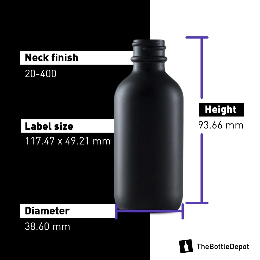 The Bottle Depot - 72 Pack - 2 oz Glass Bottle With Cap - Black Frosted - 20-400 Neck Finish - Boston Round Bottles - UV Rays Protection