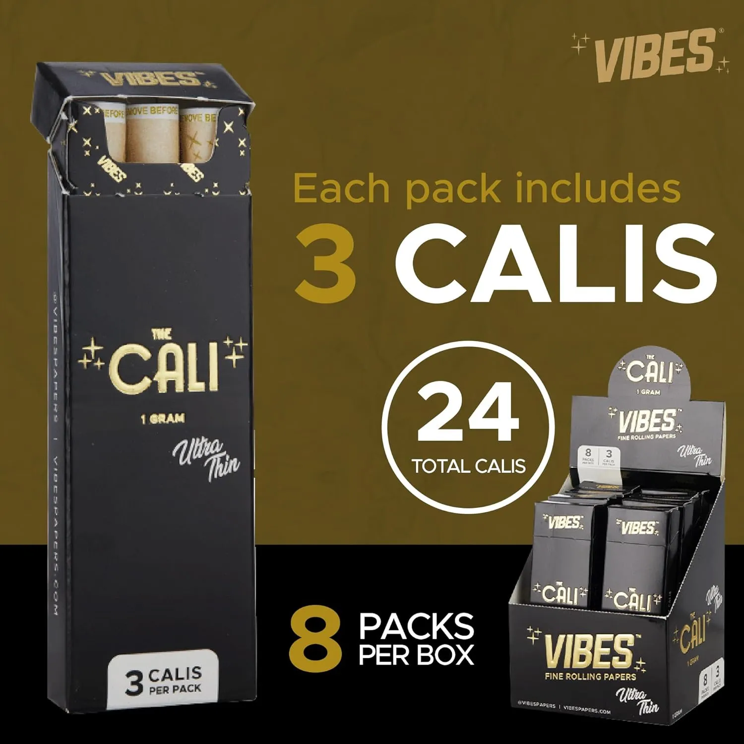 The Cali by VIBES Premium Tubes Pack of 24, 1 Gram Capacity, Wide Cylindrical Shape, Ultra-Thin Hemp Paper, 4 Unique Blends