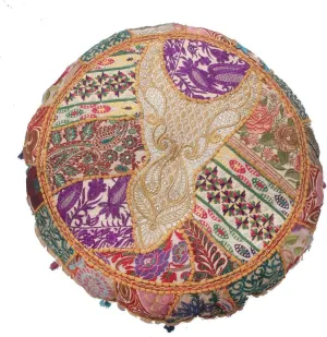 The Harry Creations Decor Room Cover Indian Vintage Living Pouf Floor Stool Bohemain Foot Pillow Home Ottoman Bean Bag Round Ottoman Patchwork Floor Cushion Cover (Beige, 32 Inch)