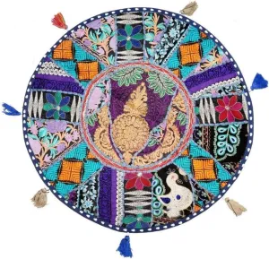 The Harry Creations Decor Room Cover Indian Vintage Living Pouf Floor Stool Bohemain Foot Pillow Home Ottoman Bean Bag Round Ottoman Patchwork Floor Cushion Cover (Blue, 32 Inch)