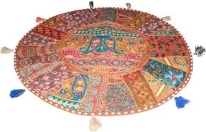 The Harry Creations Decor Room Cover Indian Vintage Living Pouf Floor Stool Bohemain Foot Pillow Home Ottoman Bean Bag Round Ottoman Patchwork Floor Cushion Cover (Brown, 32 Inch)