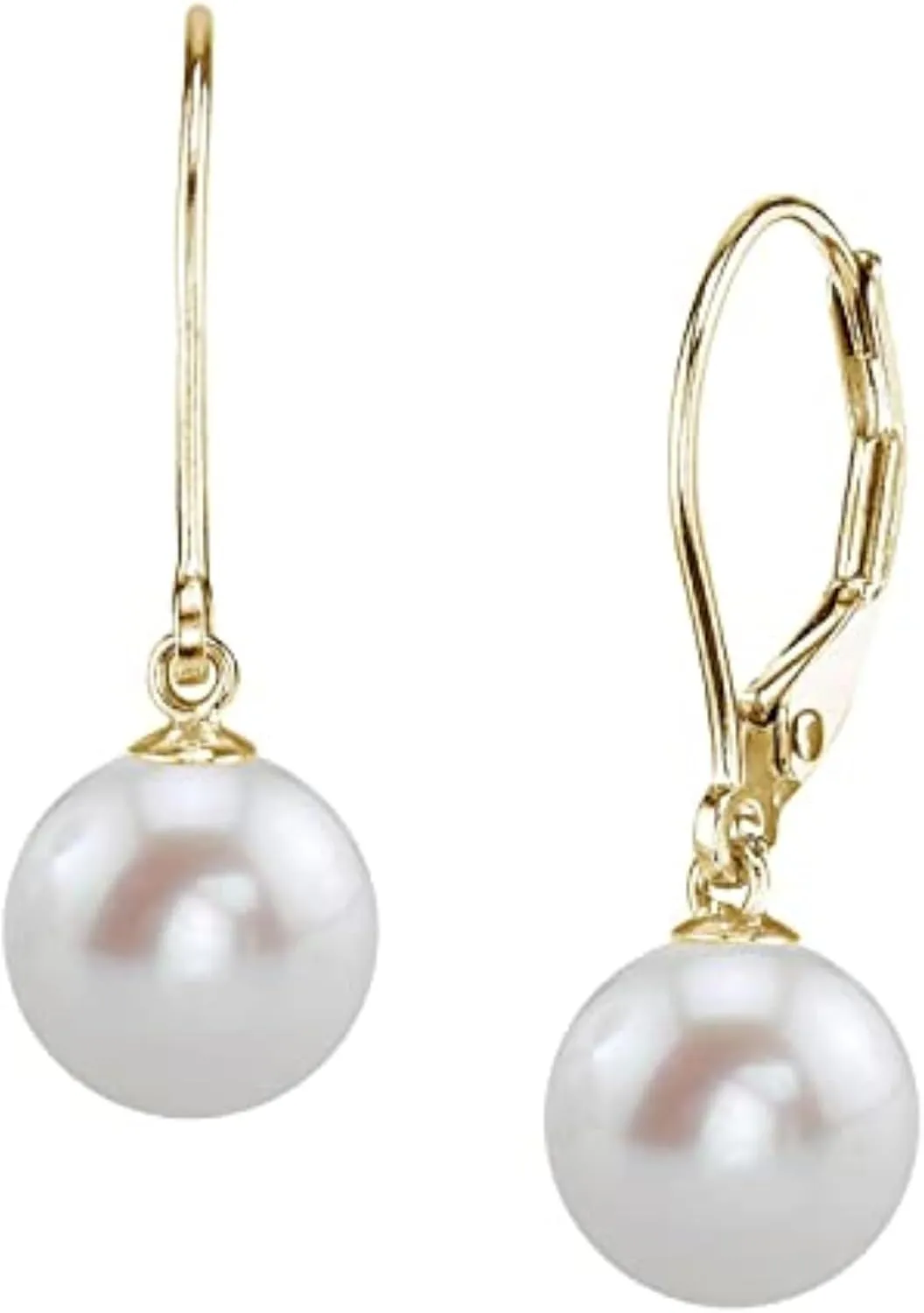 THE PEARL SOURCE AAAA Quality White Round Freshwater Cultured Pearl Hypoallergenic Earrings for Women | 14K Gold Leverbacks Earring | Yellow Gold | 8.0-8.5mm