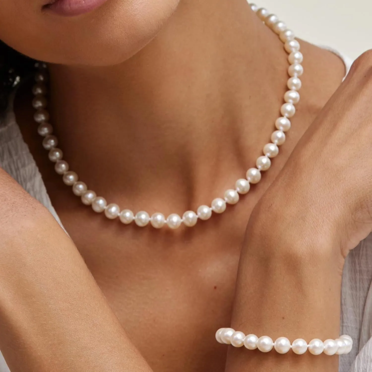 The Pearl Source Real Pearl Necklace for Women with AAA  Quality Round White Freshwater Genuine Cultured Pearls | 14K Gold Clasp White Gold Pearl Gifts for Anniversary