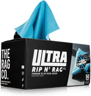 The Rag Company - Ultra Rip N' Rag XL Premium Reusable Pearl-Weave Microfiber Towels for Coatings, Glass, Detailing, Home, RV and More - 50 Count - Quality 70/30 Blend - 280gsm 16" x 16" - Ultra Blue