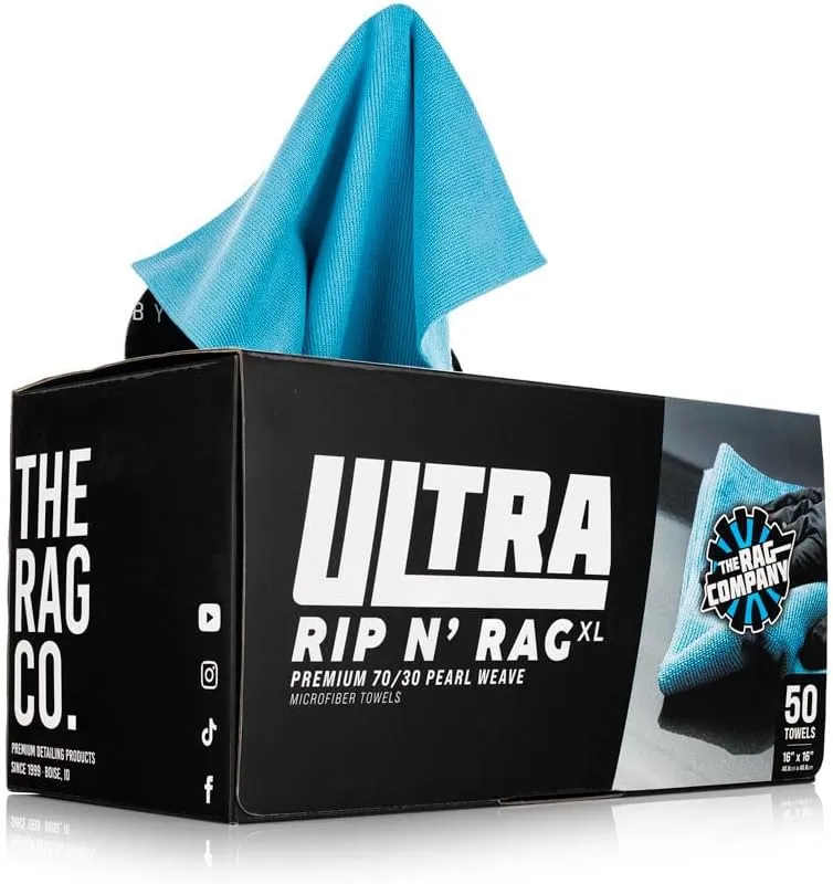 The Rag Company - Ultra Rip N' Rag XL Premium Reusable Pearl-Weave Microfiber Towels for Coatings, Glass, Detailing, Home, RV and More - 50 Count - Quality 70/30 Blend - 280gsm 16" x 16" - Ultra Blue