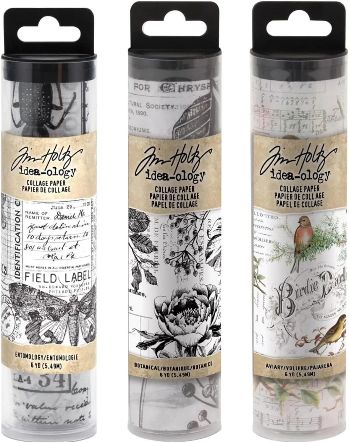 Tim Holtz Idea-Ology Collage Paper Rolls - Entomology, Botanical and Aviary - Bundle of Three Rolls