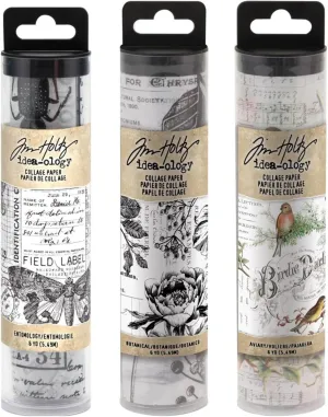 Tim Holtz Idea-Ology Collage Paper Rolls - Entomology, Botanical and Aviary - Bundle of Three Rolls