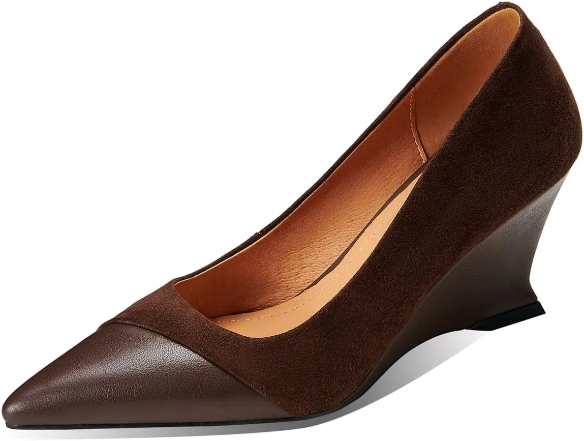 TinaCus Suede & Genuine Leather Women's Wedge Heels Handmade Cap Toe Pumps Shoes