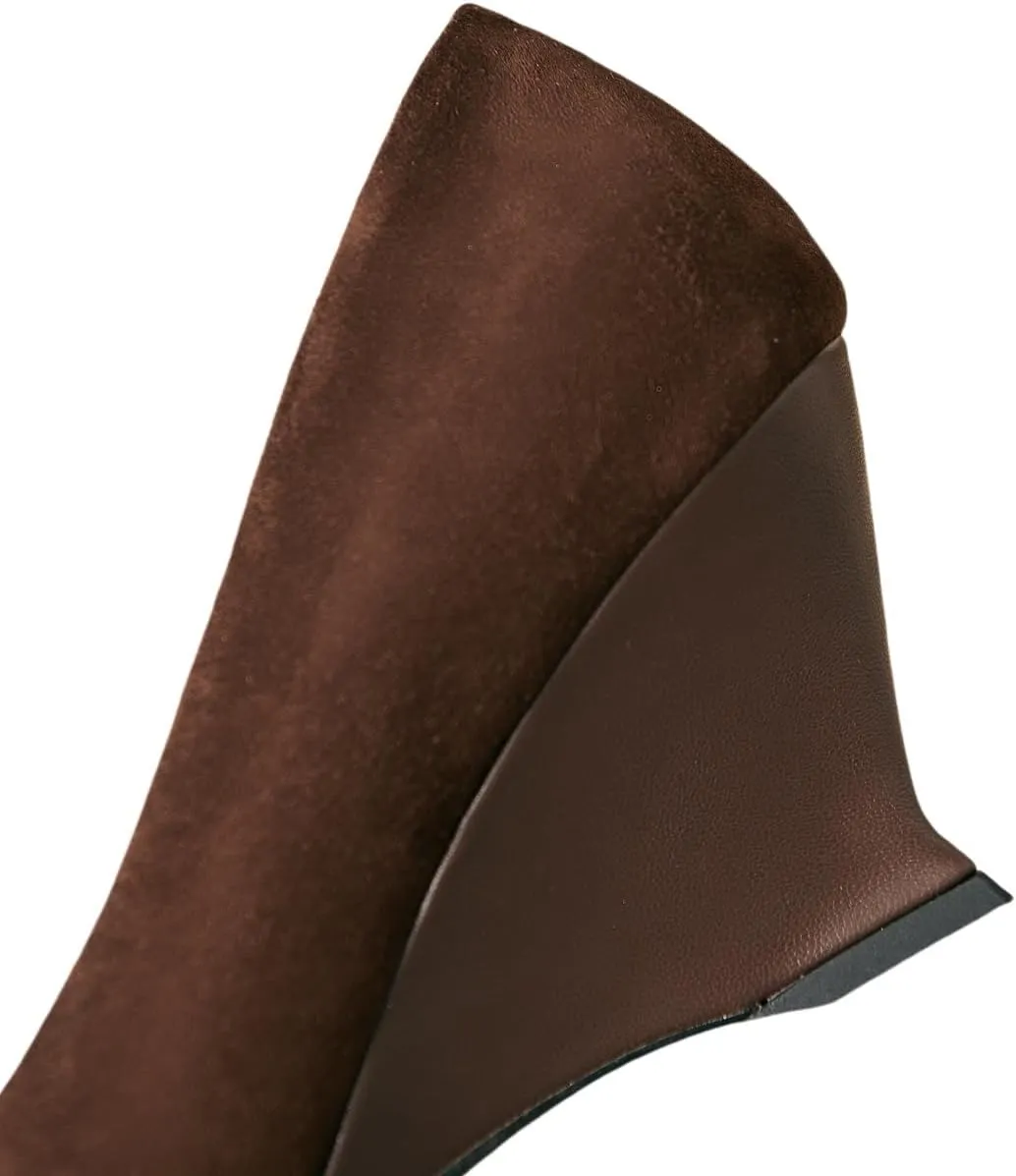 TinaCus Suede & Genuine Leather Women's Wedge Heels Handmade Cap Toe Pumps Shoes