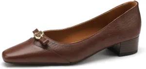 TinaCus Women's Genuine Leather Handmade Embossing Decorated Buckle Slip On Square Toe Office Pumps Shoes