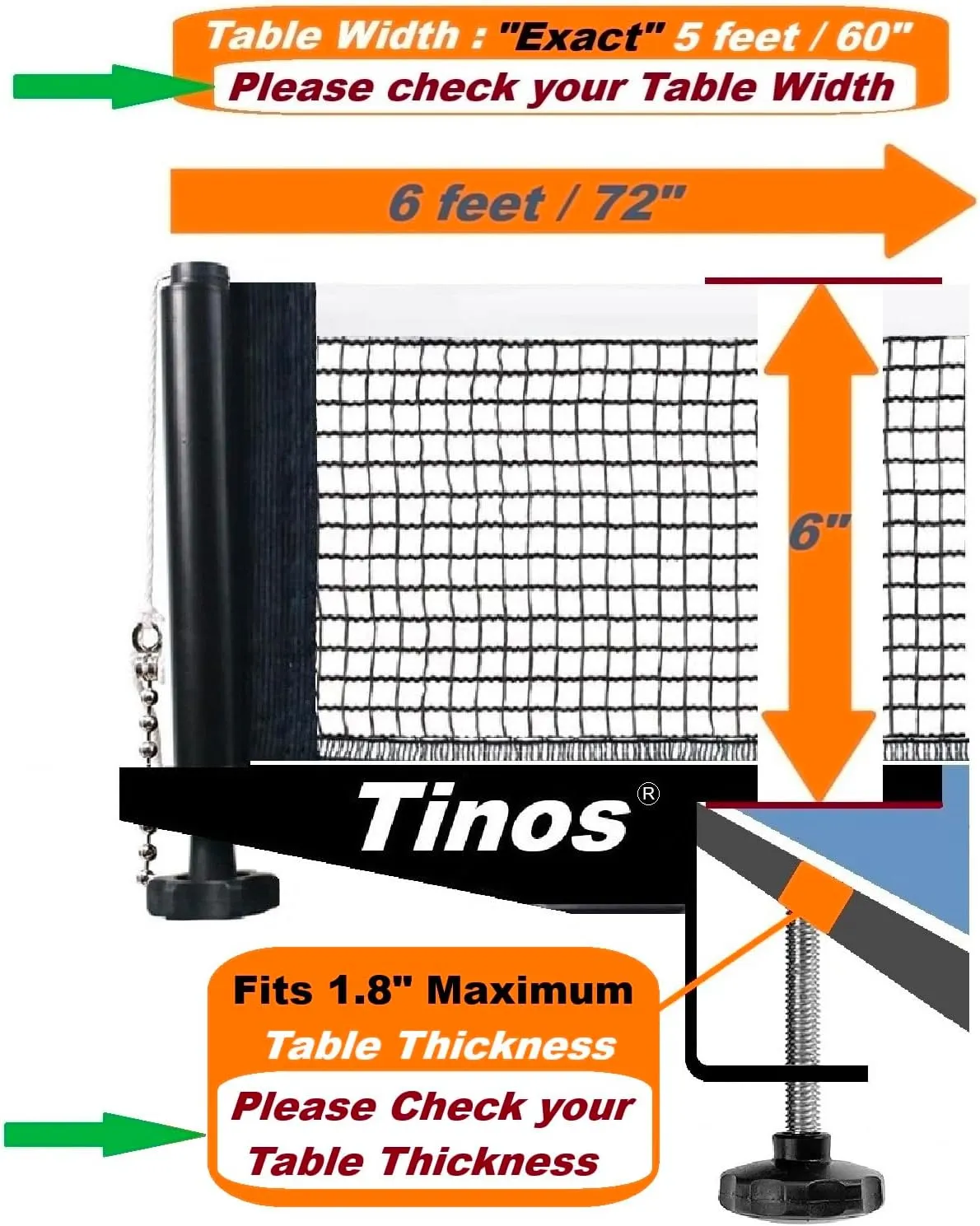 TINOS Professional Table Tennis Net fits 1.8" Maximum Table Thickness | Screw Clamp Ping Pong net & Post Set | Height and Tension adjustments