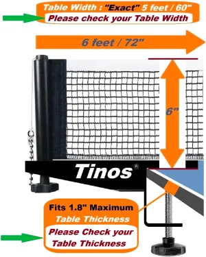 TINOS Professional Table Tennis Net fits 1.8" Maximum Table Thickness | Screw Clamp Ping Pong net & Post Set | Height and Tension adjustments