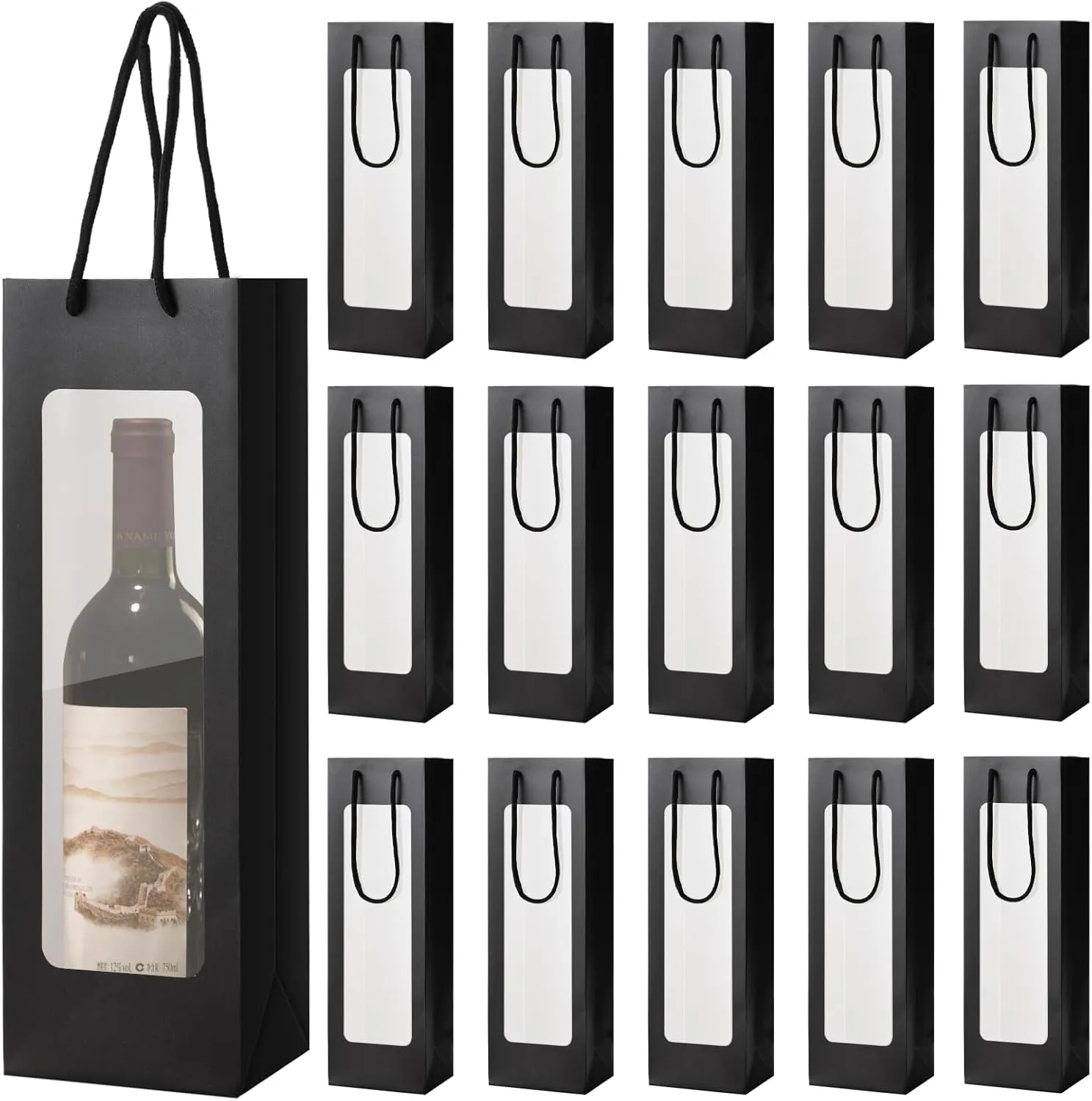 TINSKY 24Pcs Wine Gift Bags with Handle for Wine Bottles Clear Window Wine Bags Reusable Wine Bags Bulk for Anniversary Birthday New Year Party (Black), YSM239