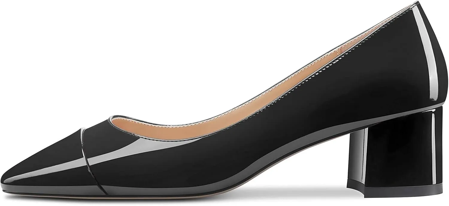 TNYNFBEB Women Chunky Block Mid Heel Close Square Toe Pumps Slip-on Patchwork Wedding Party Basic Classic 2.0 Inches Heels