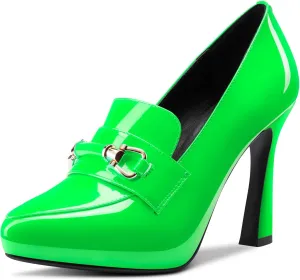 TNYNFBEB Womens Chunky Block High Heel Close Pointed Toe Pumps Slip-on Metal Chain Prom Basic Classic 3.9 Inches Heels