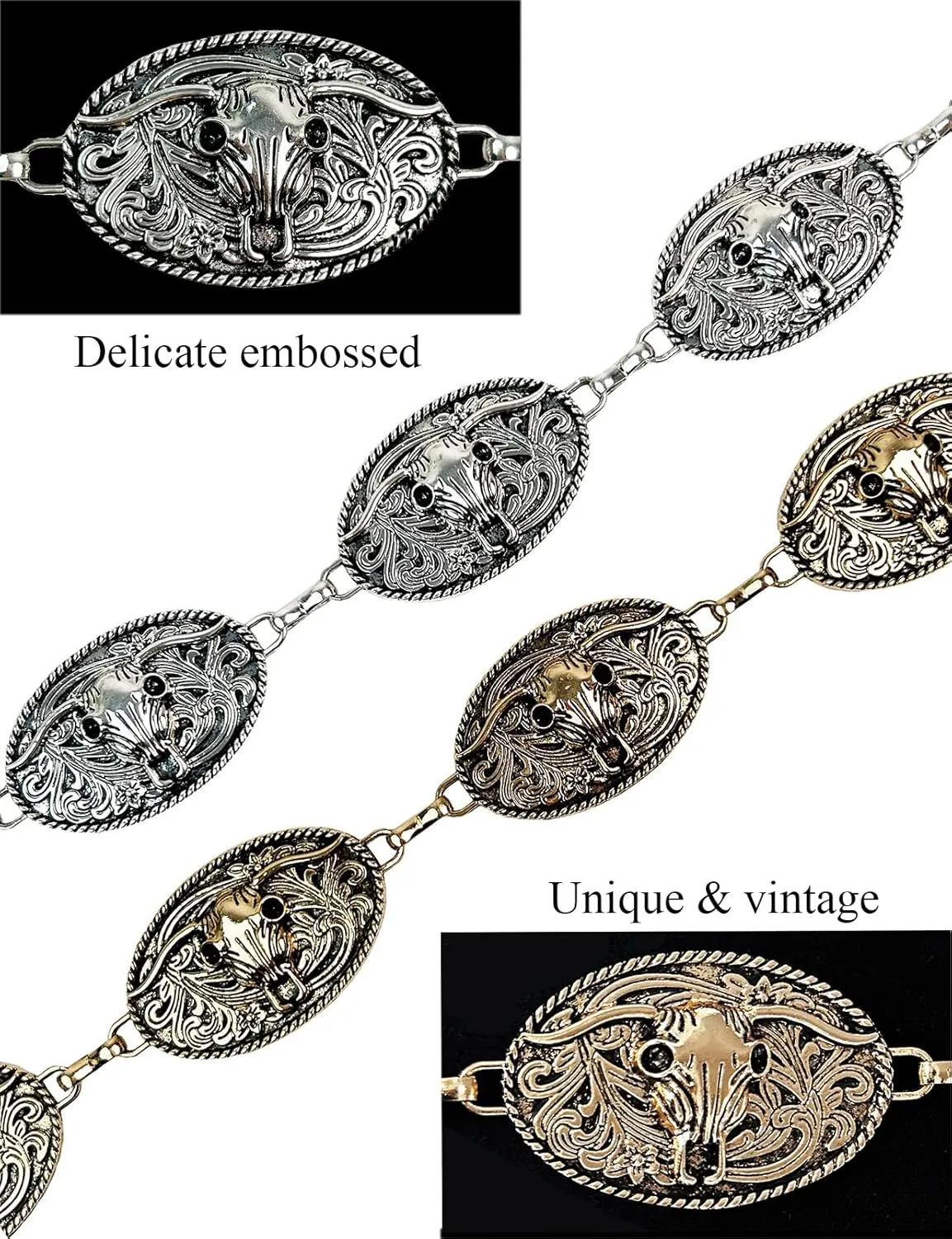 TOPACC Western Metal Concho Belt for Women Cowgirl Chain Belts for Dresses Jeans Country Concert Outfit
