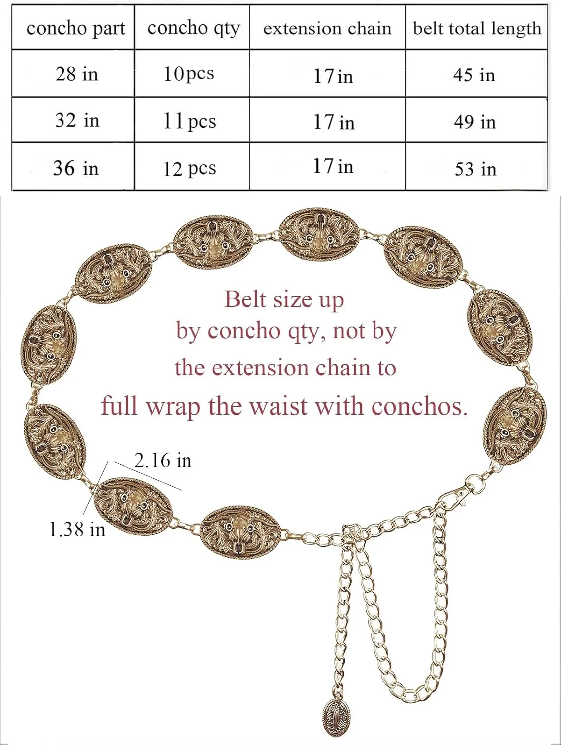 TOPACC Western Metal Concho Belt for Women Cowgirl Chain Belts for Dresses Jeans Country Concert Outfit