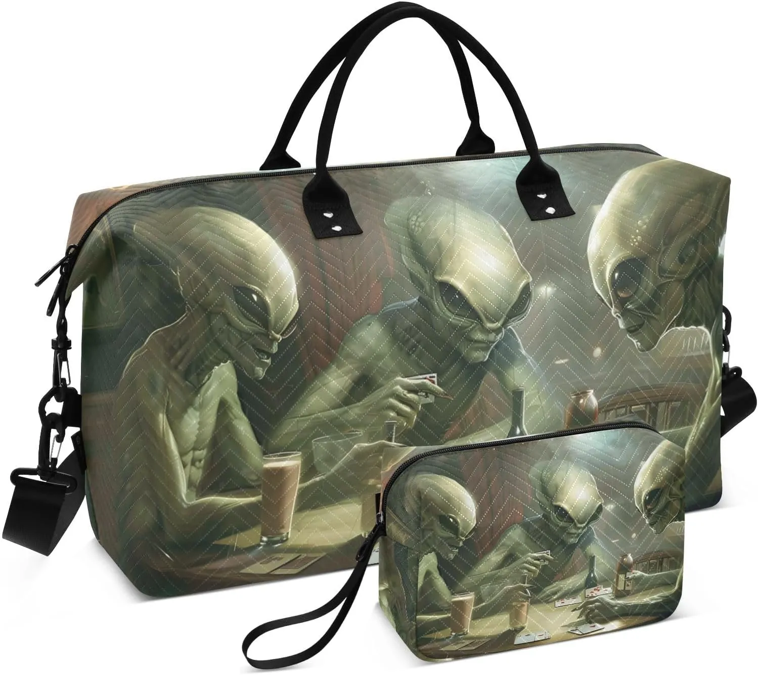 Travel Duffel Bag Play Poker Group Alien Gym Bag Sports Tote Bag with Multiple Interior Pockets Shoulder Weekender Bag for Women Men with Toiletry Bag 20.5”x 7.9”x 13.8