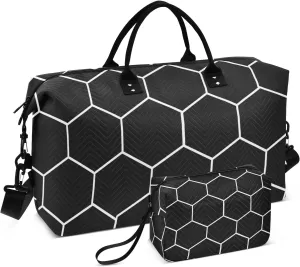 Travel Duffle Bag Gym Bag, Hexagonal Grid Black Background Weekender Bags for Women with Toiletry Bag Travel Tote Bag Swim Bag