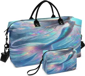 Travel Duffle Bag Gym Bag, Mermaid with Laser Tail Weekender Bags for Women with Toiletry Bag Travel Tote Bag Swim Bag