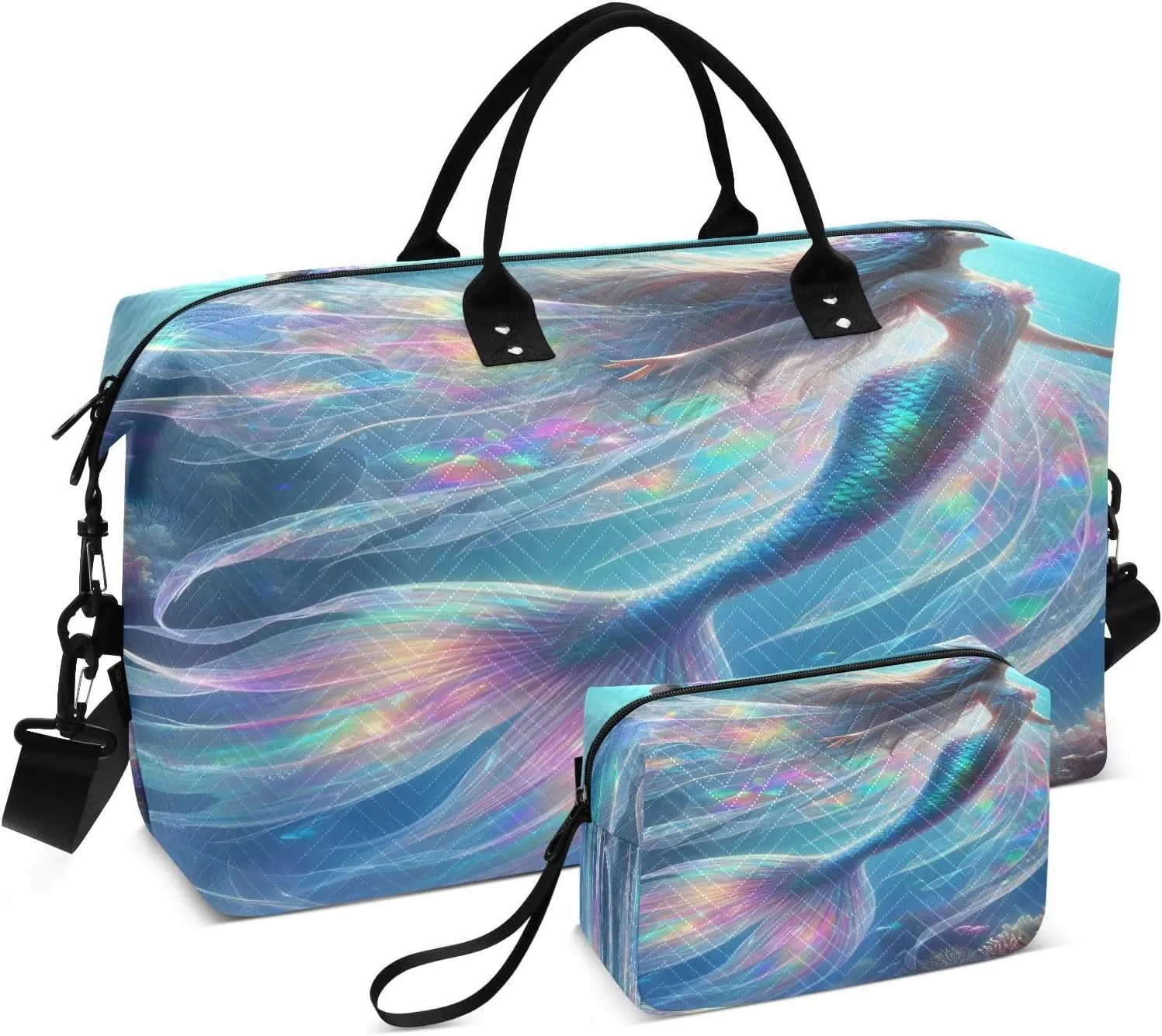 Travel Duffle Bag Gym Bag, Mermaid with Laser Tail Weekender Bags for Women with Toiletry Bag Travel Tote Bag Swim Bag