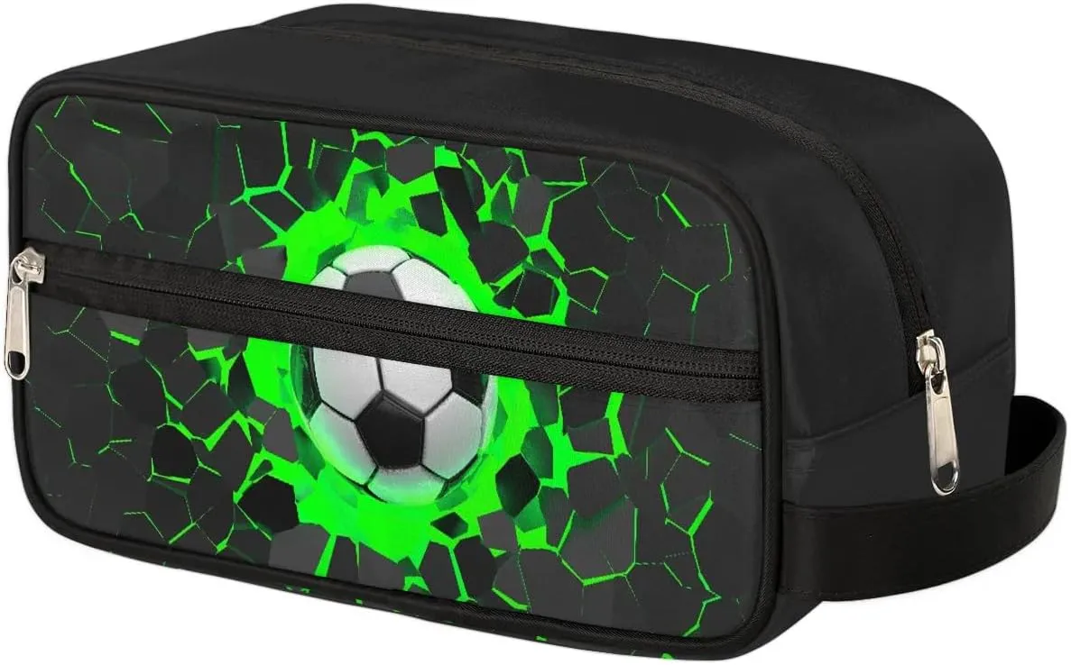 Travel Toiletry Bag for Boys Kids, Green 3D Soccer Waterproof Hanging Dopp Kit for Men, Shaving Bag with Large Capacity for Travel, Sports, Shower
