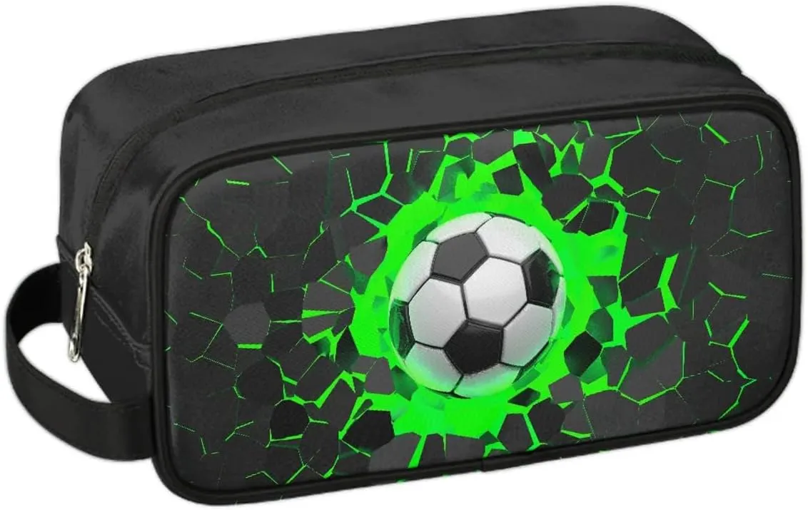 Travel Toiletry Bag for Boys Kids, Green 3D Soccer Waterproof Hanging Dopp Kit for Men, Shaving Bag with Large Capacity for Travel, Sports, Shower