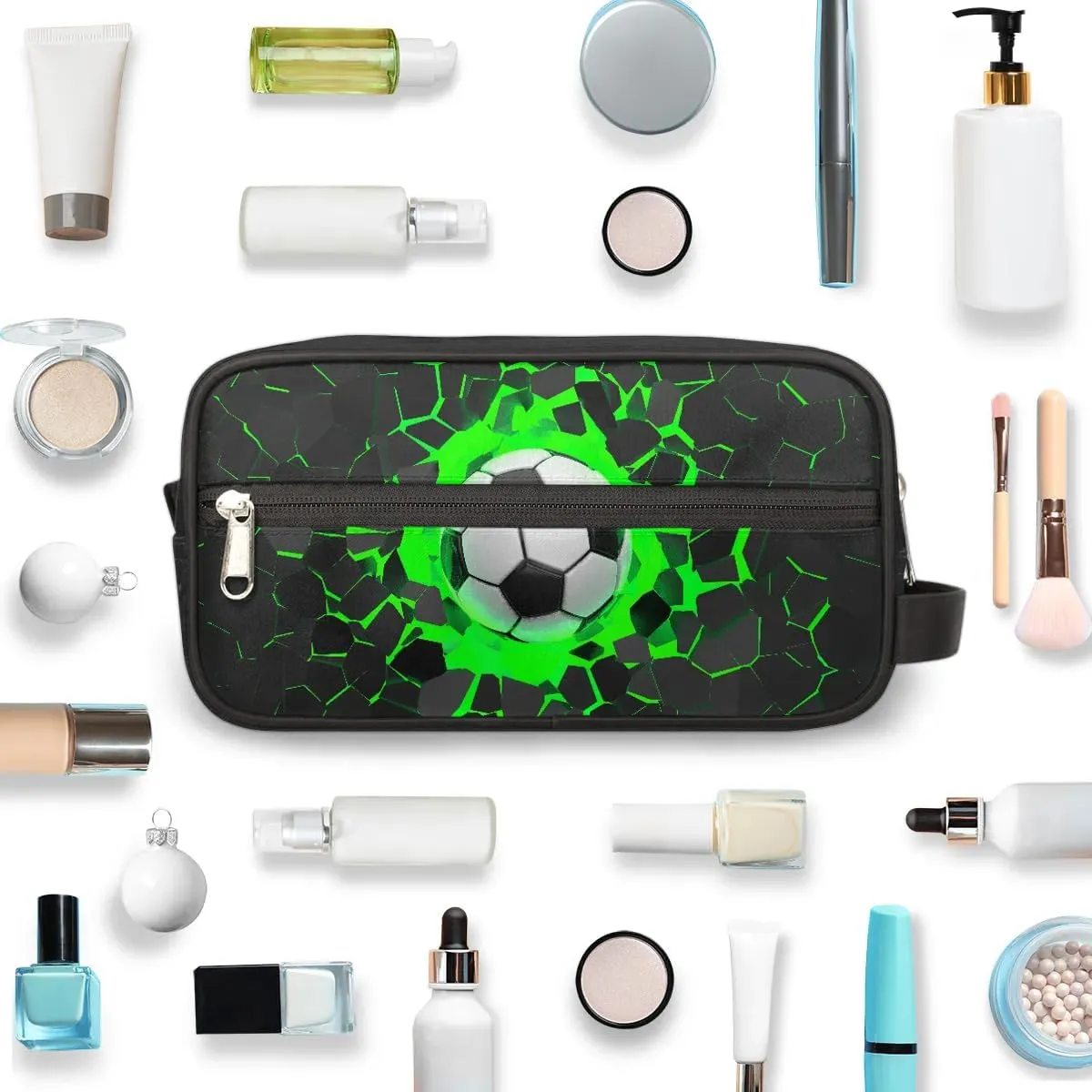 Travel Toiletry Bag for Boys Kids, Green 3D Soccer Waterproof Hanging Dopp Kit for Men, Shaving Bag with Large Capacity for Travel, Sports, Shower