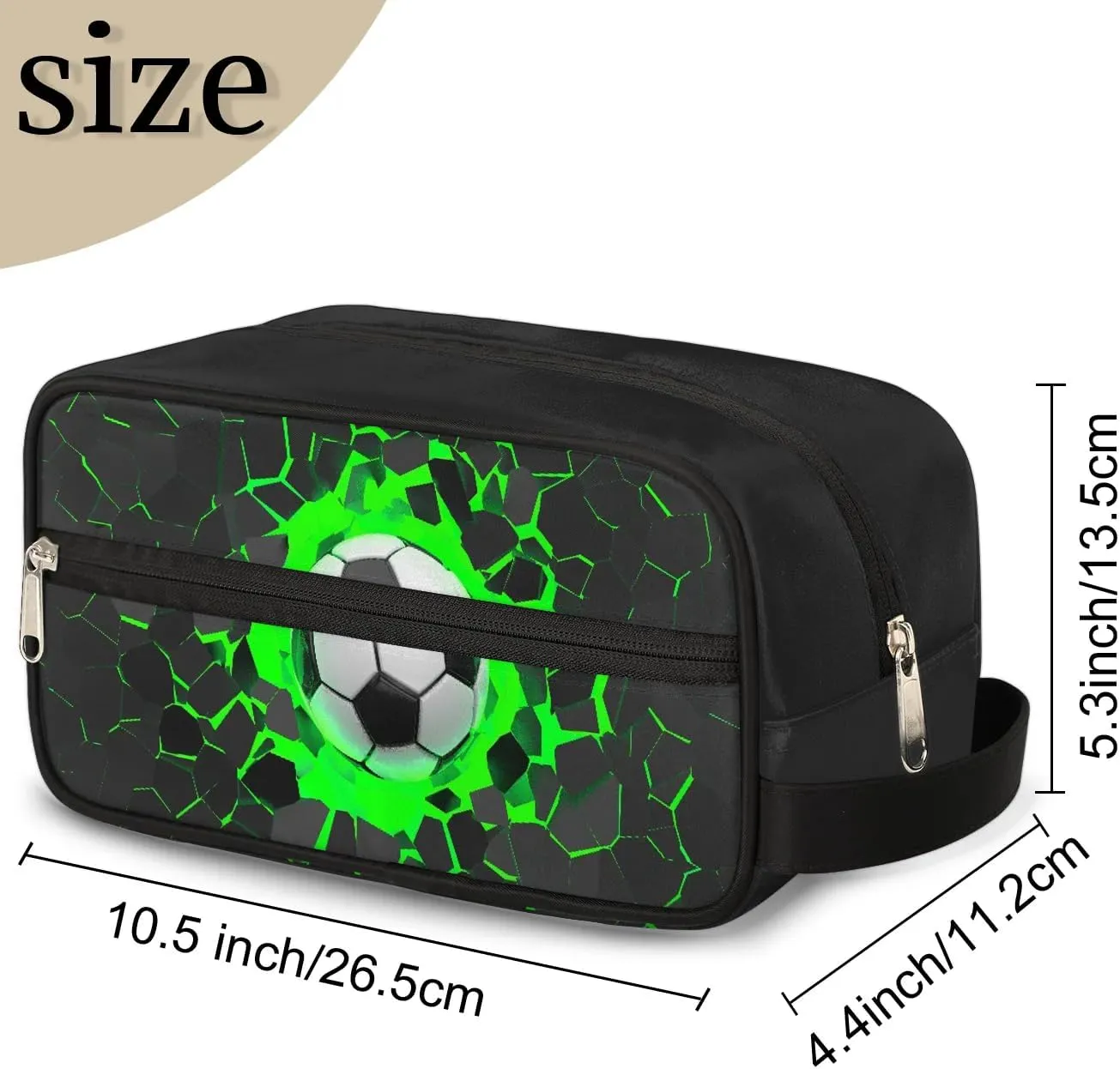 Travel Toiletry Bag for Boys Kids, Green 3D Soccer Waterproof Hanging Dopp Kit for Men, Shaving Bag with Large Capacity for Travel, Sports, Shower