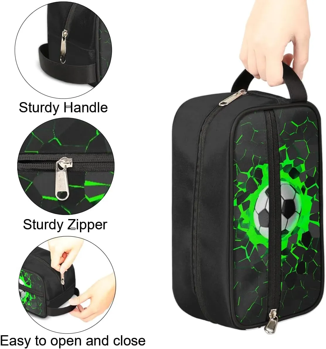 Travel Toiletry Bag for Boys Kids, Green 3D Soccer Waterproof Hanging Dopp Kit for Men, Shaving Bag with Large Capacity for Travel, Sports, Shower