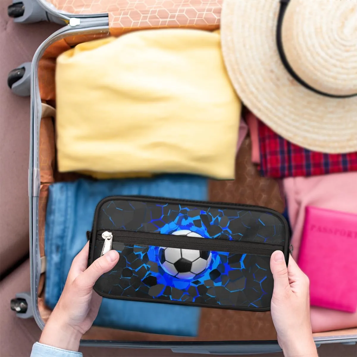 Travel Toiletry Bag for Boys, Waterproof Hanging Dopp Kit for Men, Shaving Bag with Large Capacity for Travel,Sports Shower (3D Blue Soccer)