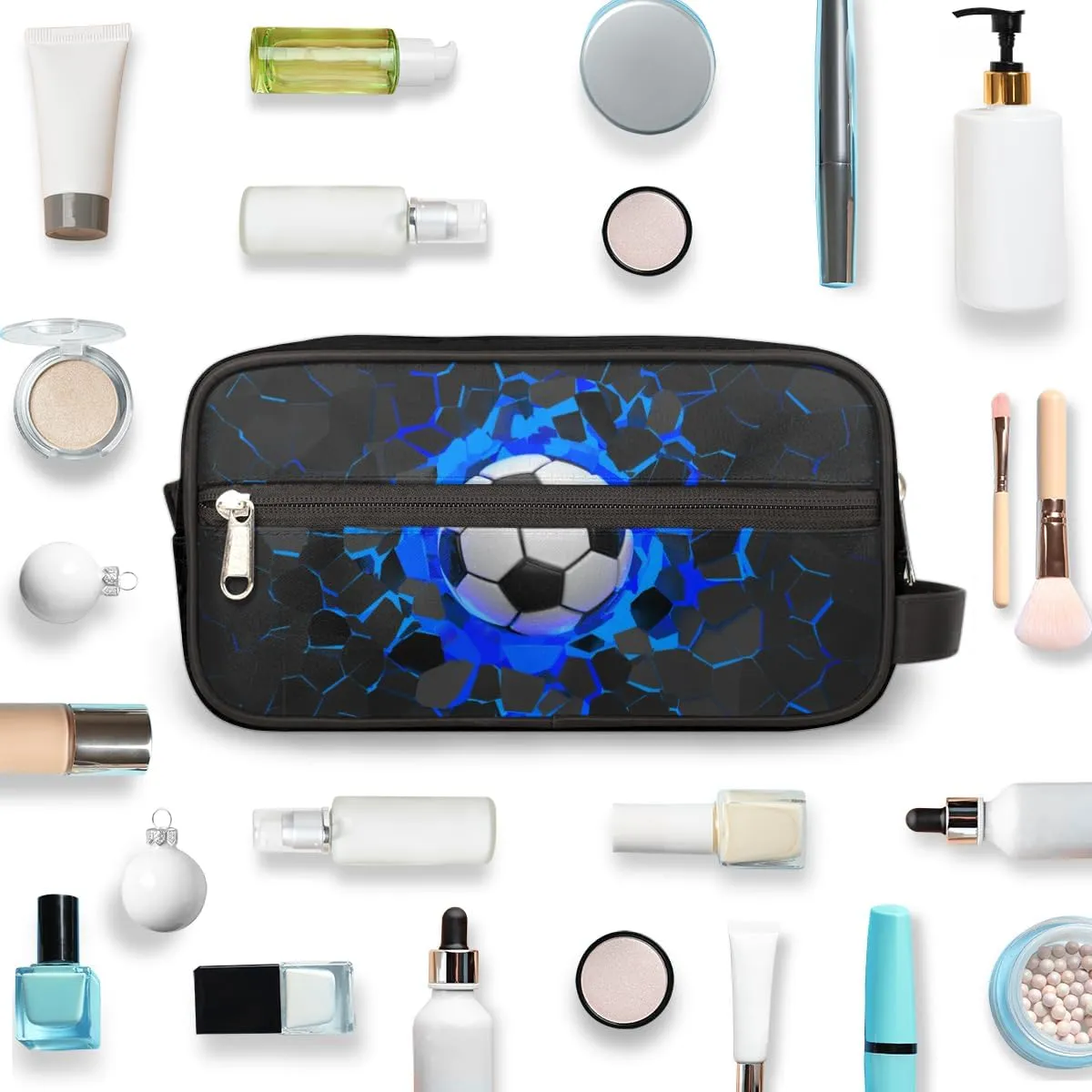Travel Toiletry Bag for Boys, Waterproof Hanging Dopp Kit for Men, Shaving Bag with Large Capacity for Travel,Sports Shower (3D Blue Soccer)