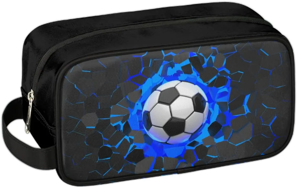 Travel Toiletry Bag for Boys, Waterproof Hanging Dopp Kit for Men, Shaving Bag with Large Capacity for Travel,Sports Shower (3D Blue Soccer)