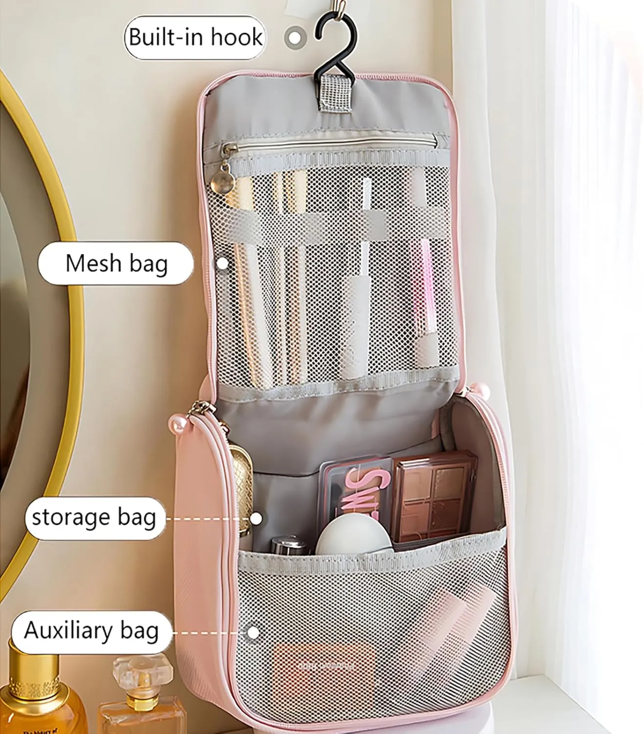 Travel Toiletry Bag with Hanging Hook, Lightweight and Portable Cosmetic Bag for Women, Small Makeup Bag for travelling Mint Green