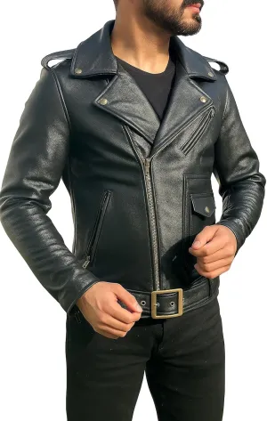 Treegalore Mens Real Cowhide Leather Slim Fit Motorcycle Rider Jacket, Biker Black Jacket for Men