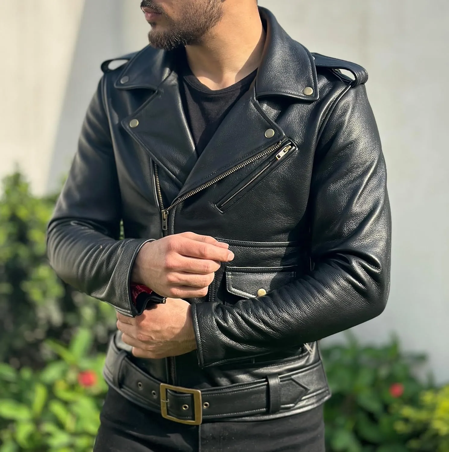 Treegalore Mens Real Cowhide Leather Slim Fit Motorcycle Rider Jacket, Biker Black Jacket for Men