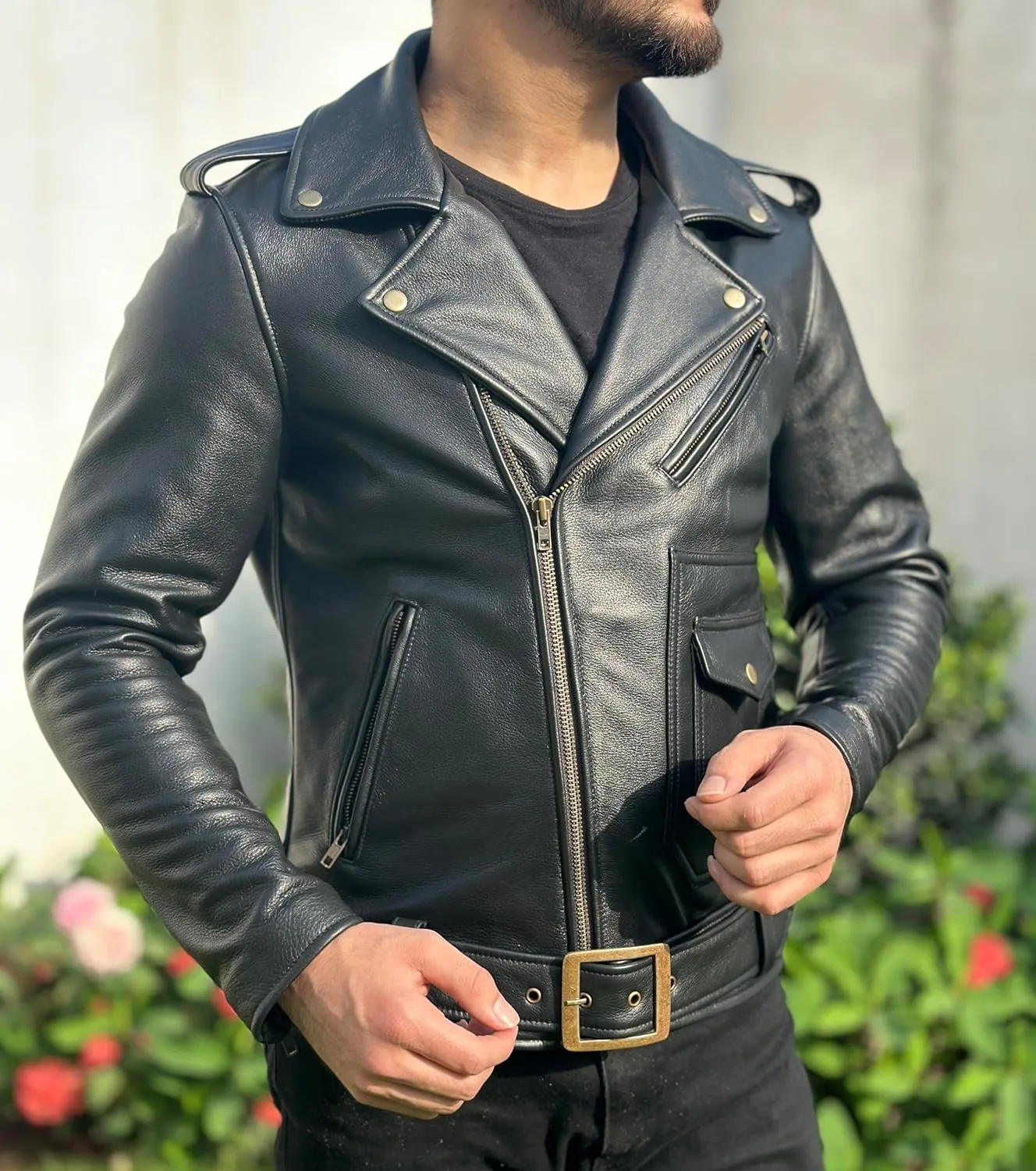Treegalore Mens Real Cowhide Leather Slim Fit Motorcycle Rider Jacket, Biker Black Jacket for Men