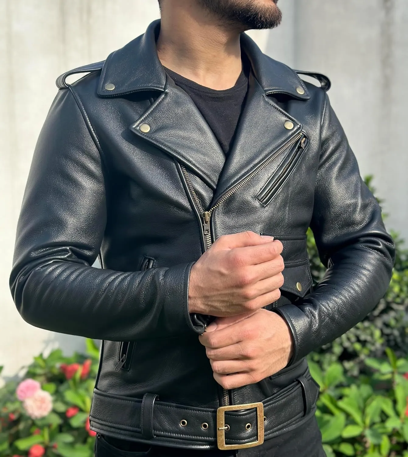 Treegalore Mens Real Cowhide Leather Slim Fit Motorcycle Rider Jacket, Biker Black Jacket for Men