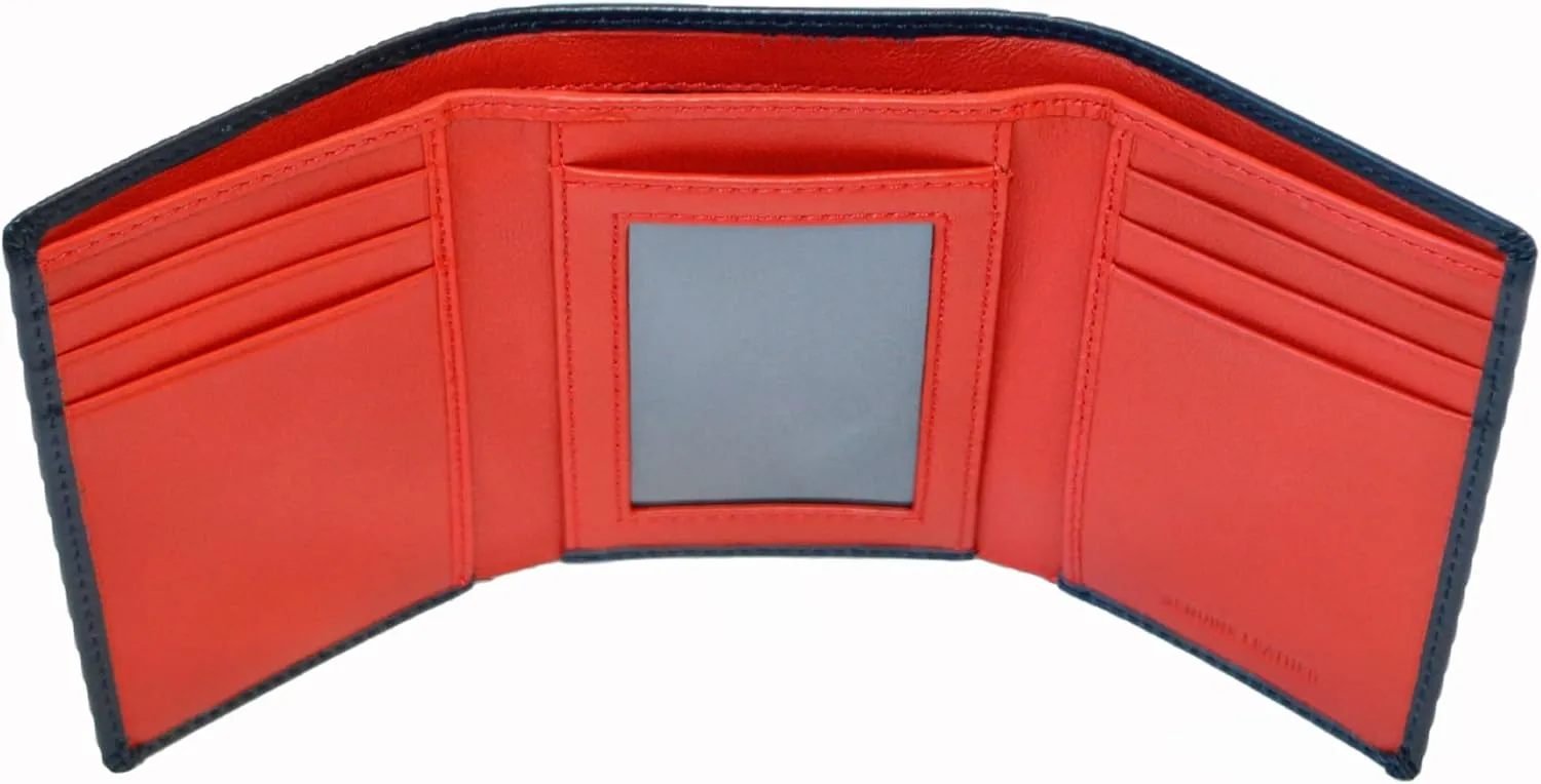 Trifold Premium Leather Wallet for Men with RFID Blocking (Navy Red)