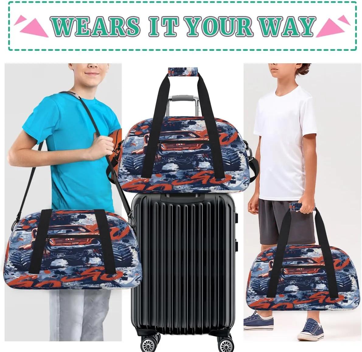 Truck Monster Kids Overnighter Duffel Bags for Boys, Carry-On Size Sports Gym Bag with Front Zipper Pocket for School Practice or Overnight Travel Weekender Sleepover Tote Bag