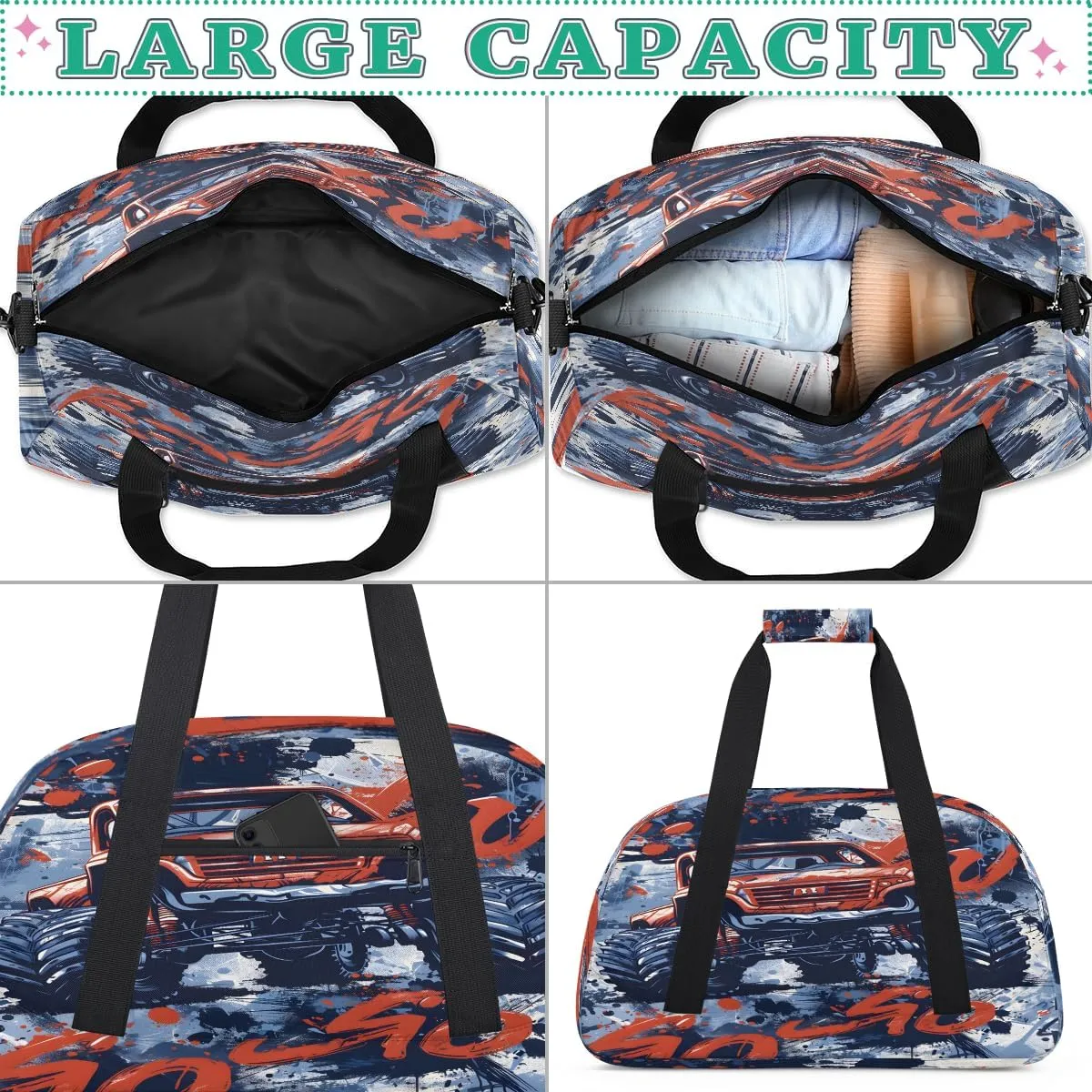Truck Monster Kids Overnighter Duffel Bags for Boys, Carry-On Size Sports Gym Bag with Front Zipper Pocket for School Practice or Overnight Travel Weekender Sleepover Tote Bag