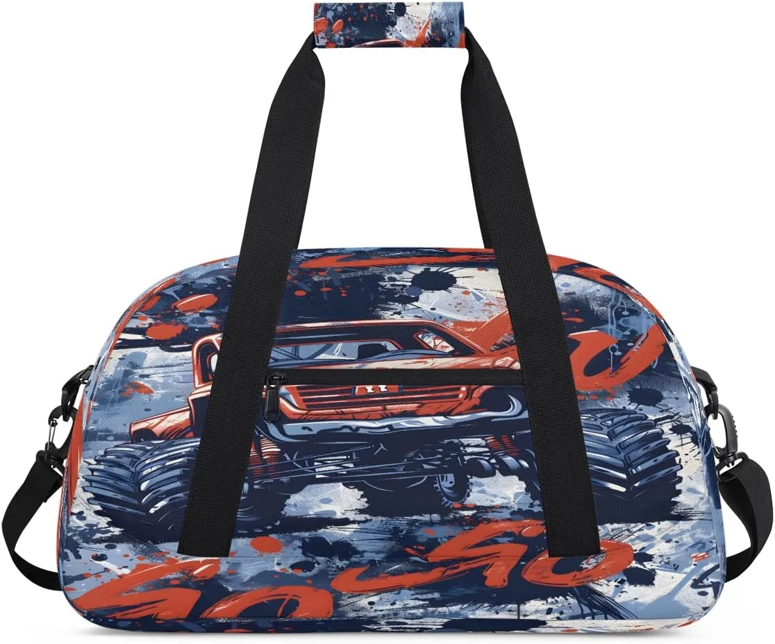Truck Monster Kids Overnighter Duffel Bags for Boys, Carry-On Size Sports Gym Bag with Front Zipper Pocket for School Practice or Overnight Travel Weekender Sleepover Tote Bag