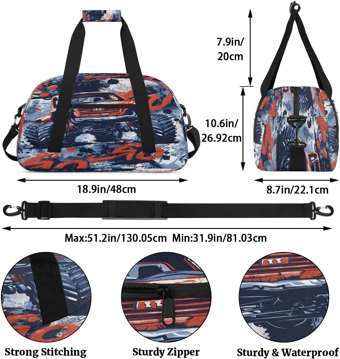 Truck Monster Kids Overnighter Duffel Bags for Boys, Carry-On Size Sports Gym Bag with Front Zipper Pocket for School Practice or Overnight Travel Weekender Sleepover Tote Bag
