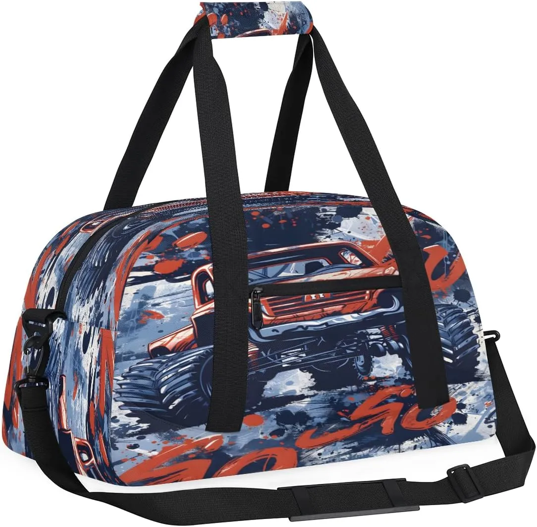 Truck Monster Kids Overnighter Duffel Bags for Boys, Carry-On Size Sports Gym Bag with Front Zipper Pocket for School Practice or Overnight Travel Weekender Sleepover Tote Bag