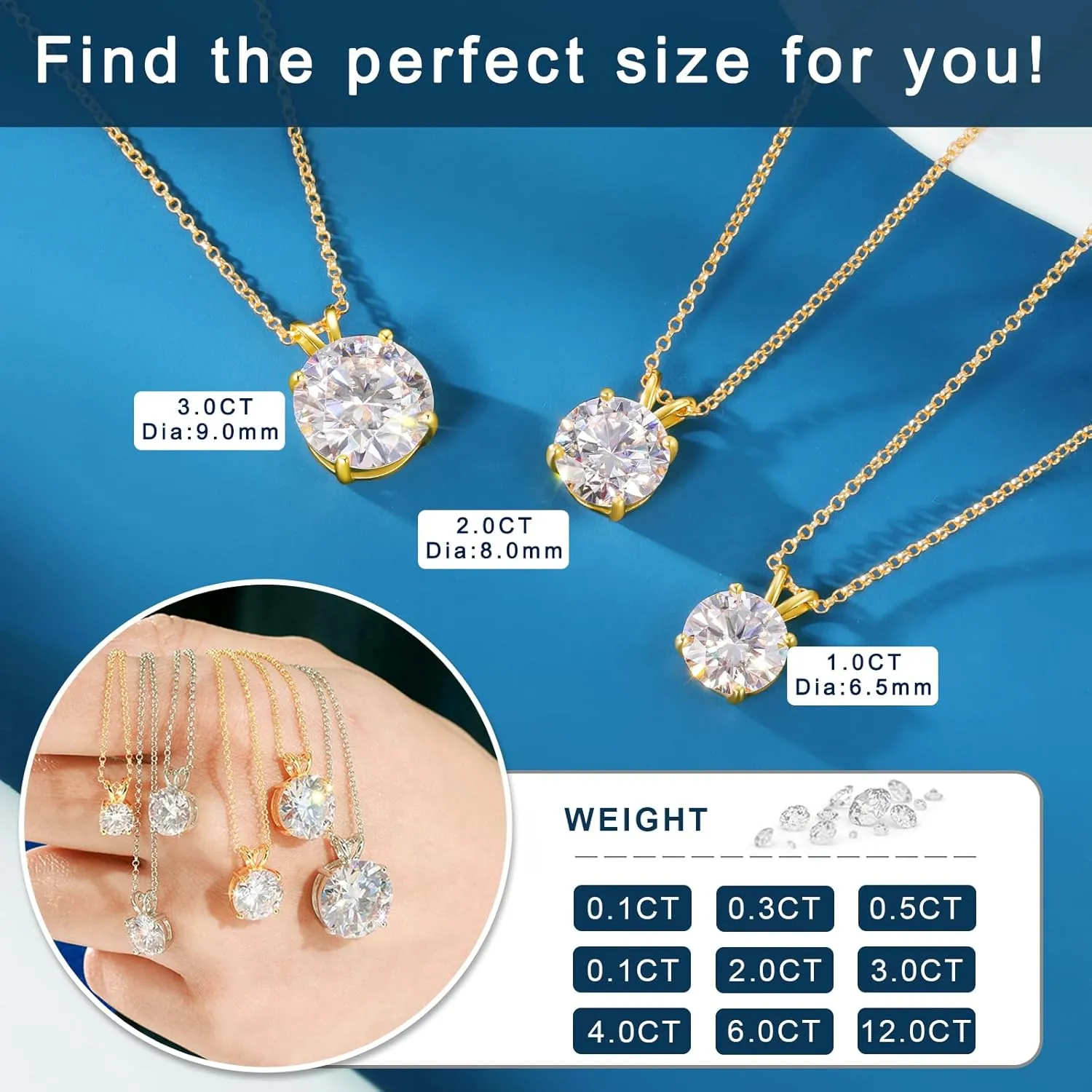 TUHE Moissanite Necklace for Women 0.1-12.0CT(3-15mm) Moissanite Pendant 18k Gold Plated Sterling Silver Necklace Round Solitaire Pendant with 18 2 Inch Chain Jewelry for Mom/Wife Mothers Day Gift