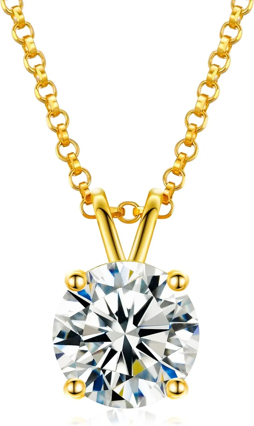 TUHE Moissanite Necklace for Women 0.1-12.0CT(3-15mm) Moissanite Pendant 18k Gold Plated Sterling Silver Necklace Round Solitaire Pendant with 18 2 Inch Chain Jewelry for Mom/Wife Mothers Day Gift