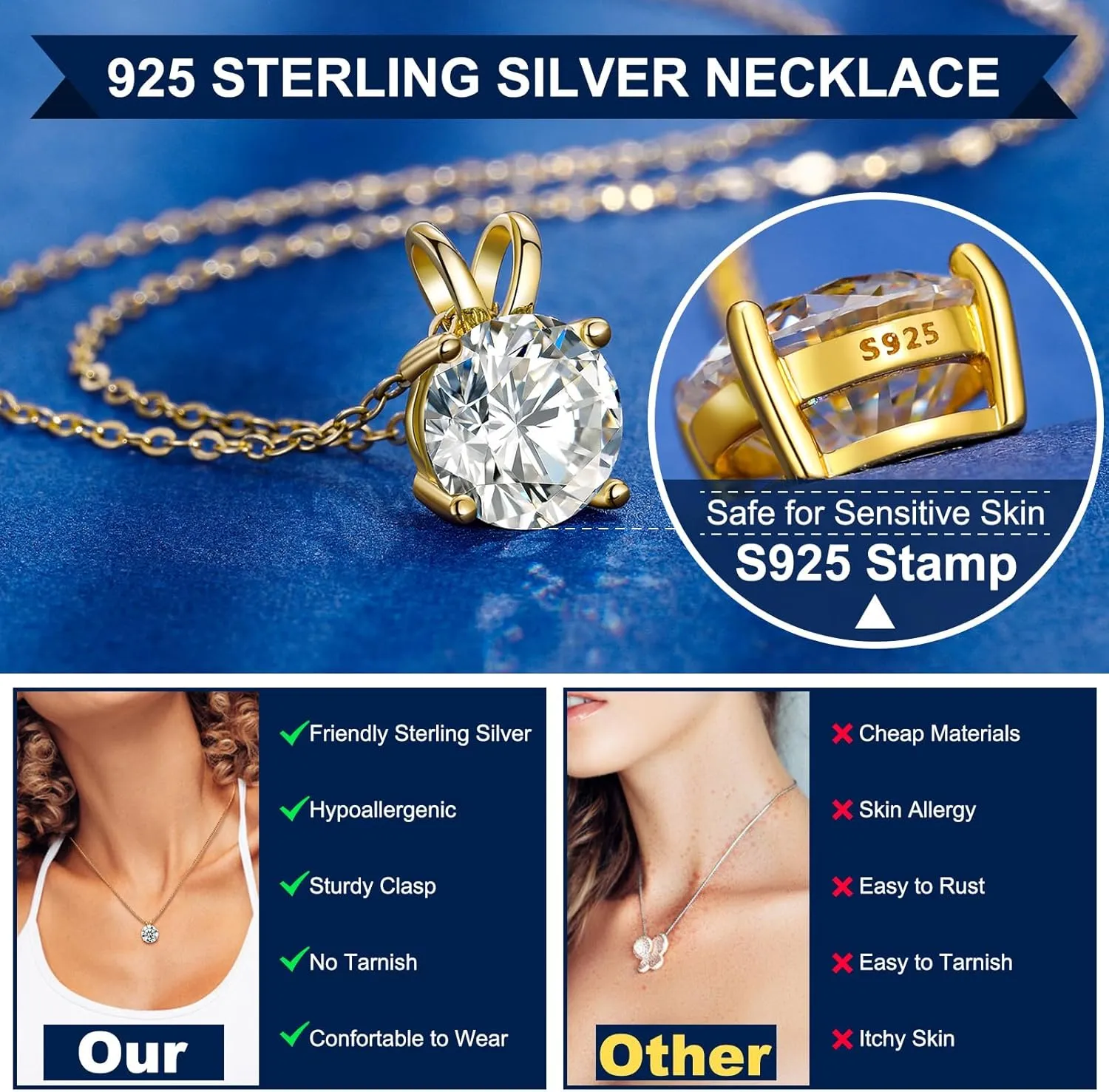 TUHE Moissanite Necklace for Women 0.1-12.0CT(3-15mm) Moissanite Pendant 18k Gold Plated Sterling Silver Necklace Round Solitaire Pendant with 18 2 Inch Chain Jewelry for Mom/Wife Mothers Day Gift